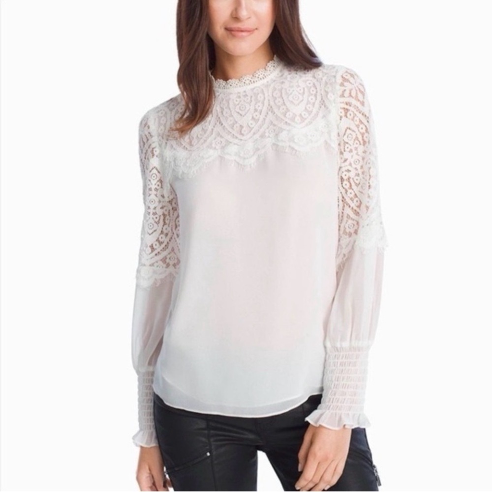 WHITE HOUSE BLACK MARKET Elise Lace Yoke Blouse Women Chiffon Victorian‎ SZ 2